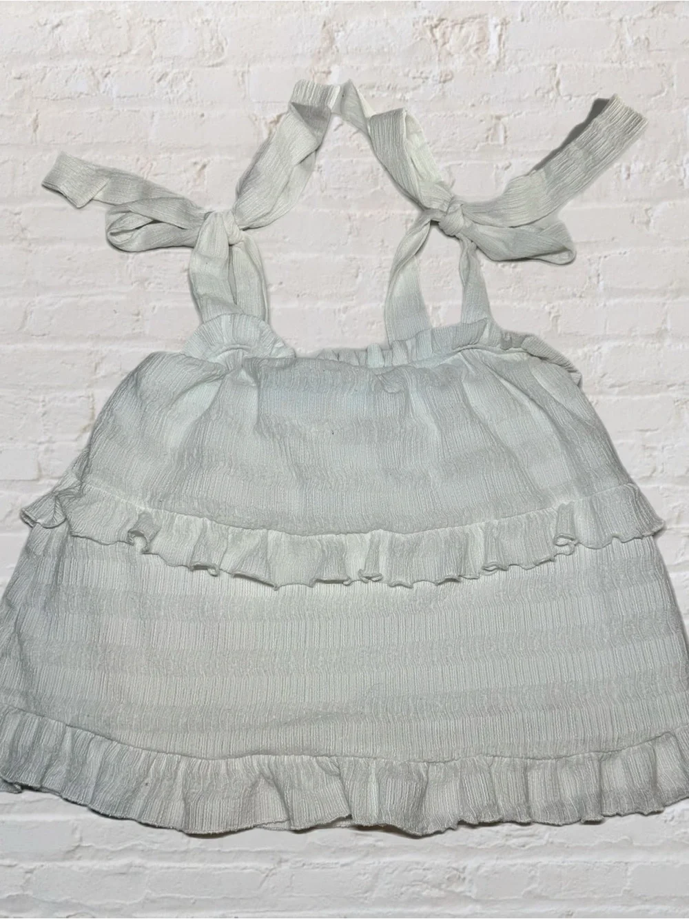 Altar’d State White Stretch Tie Strap Babydoll Roche Tiered Top in Size XS